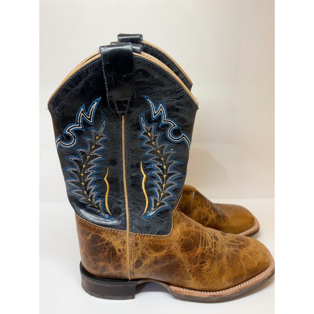Old West Youth Cowboy Boots Burnt Tan Navy Blue Square Toe BSY1960 Mens 5D